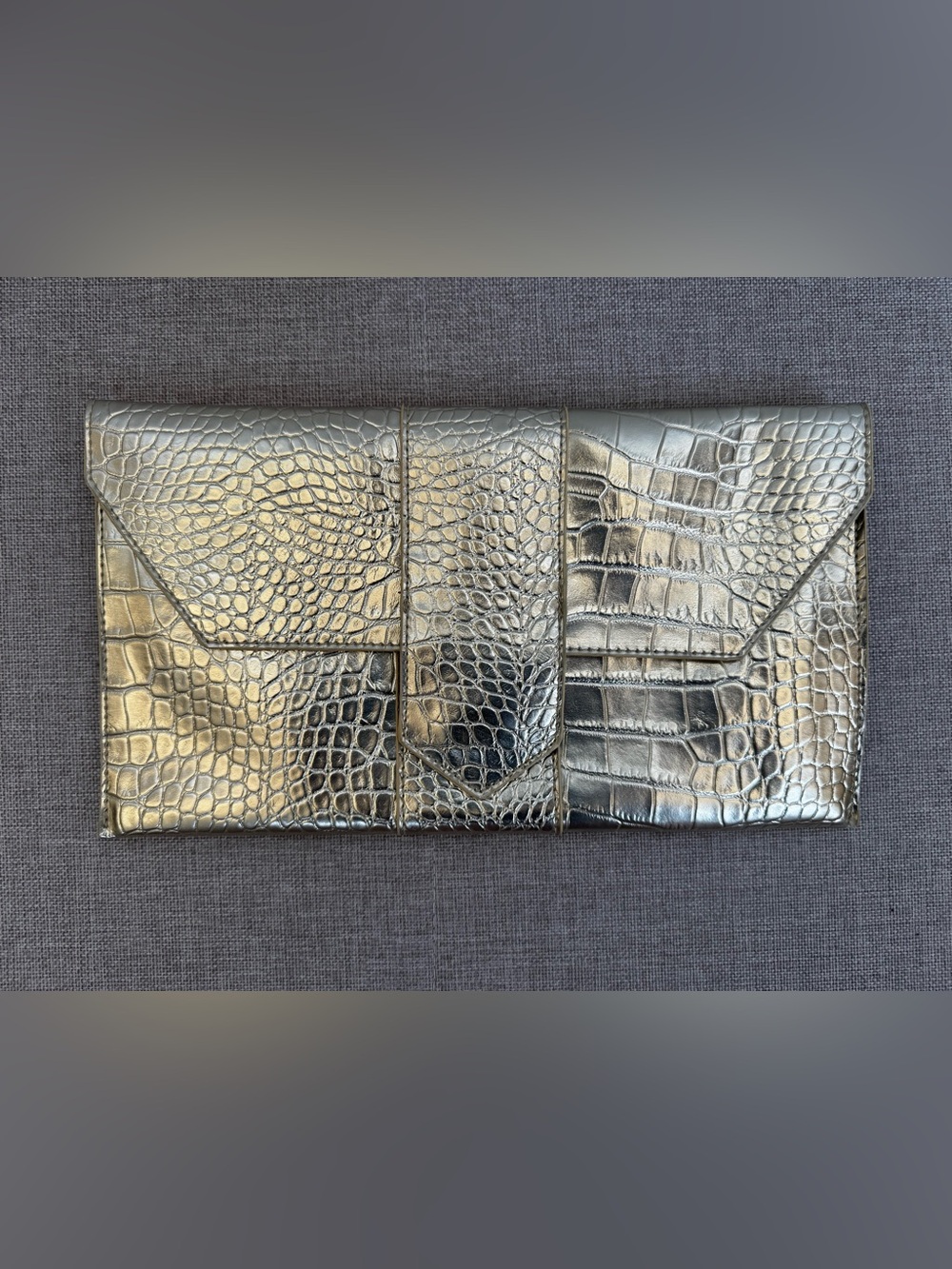 Metallic Silver Croc-Embossed Envelope Clutch